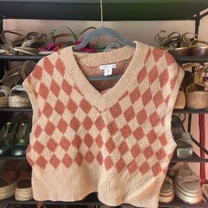 Sincerely Jules V-Neck Argyle Sweater Vest - Beige and Rust